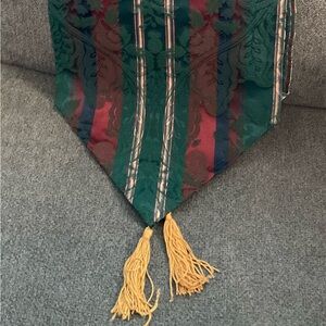Table runner green burgundy blue with gold tassels 71 inches
